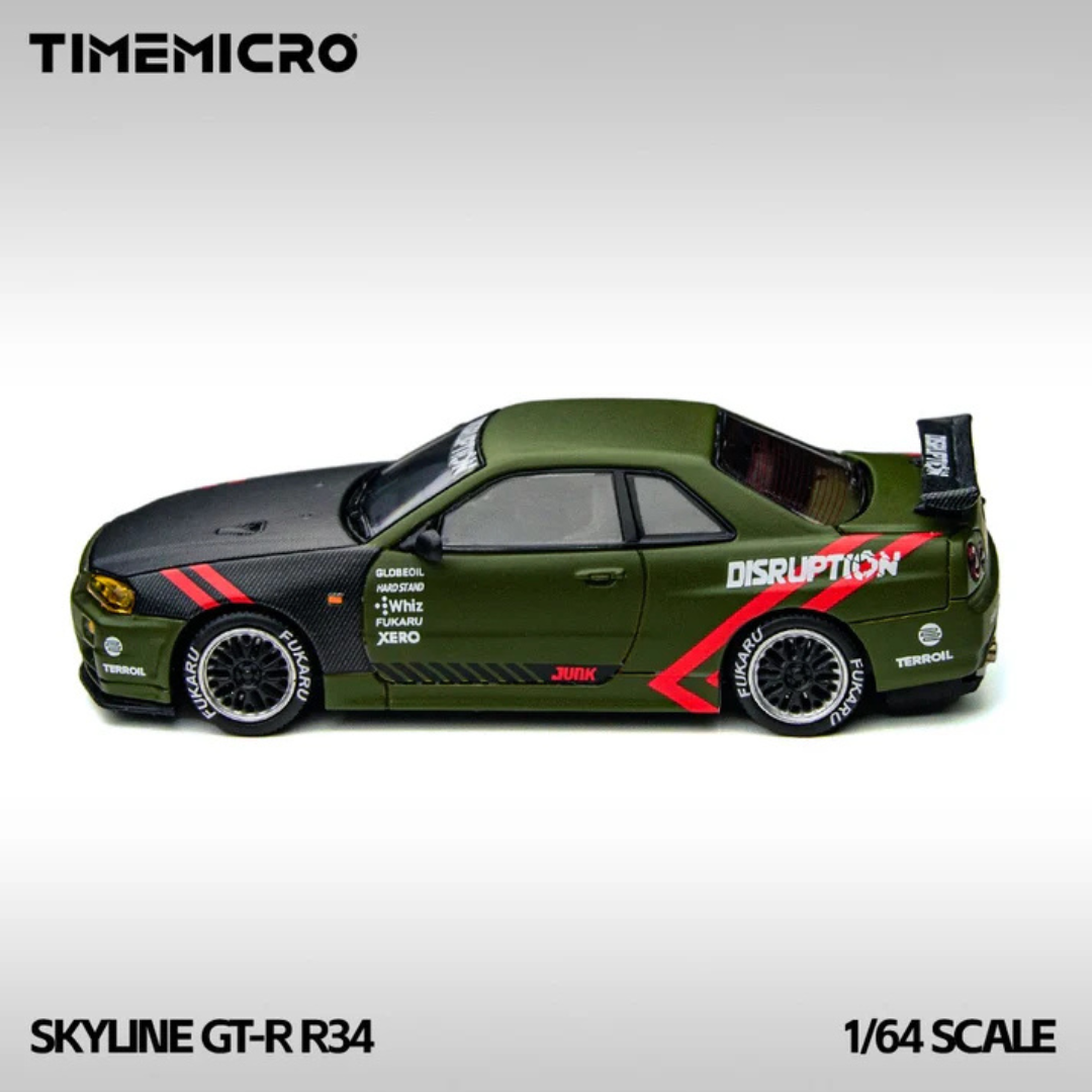 Time Micro Nissan Skyline GT-R R34 Disruption Matte Green 1:64 Diecast Widebody Car - TM646317