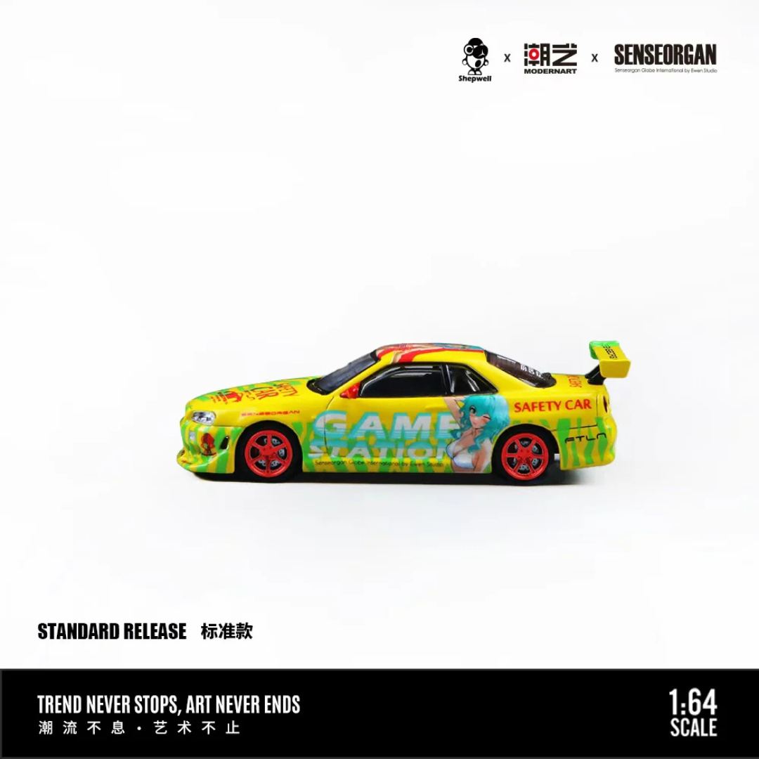 ModernArt × SenseOrgan × Shepwell 1:64 Nissan Skyline GT-R R34 Game Station Safety Car "Salute to Youth / Tokyo Heat" – MD800505