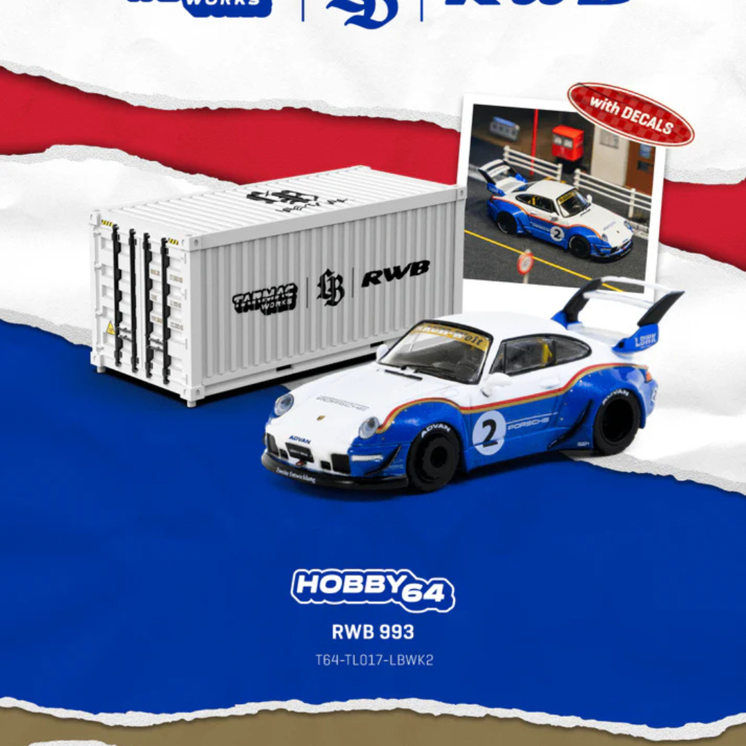 Tarmac Works Porsche RWB 993 #2 Liberty Walk White/Blue 1:64 Diecast Widebody Car - T64-TL017-LBWK2