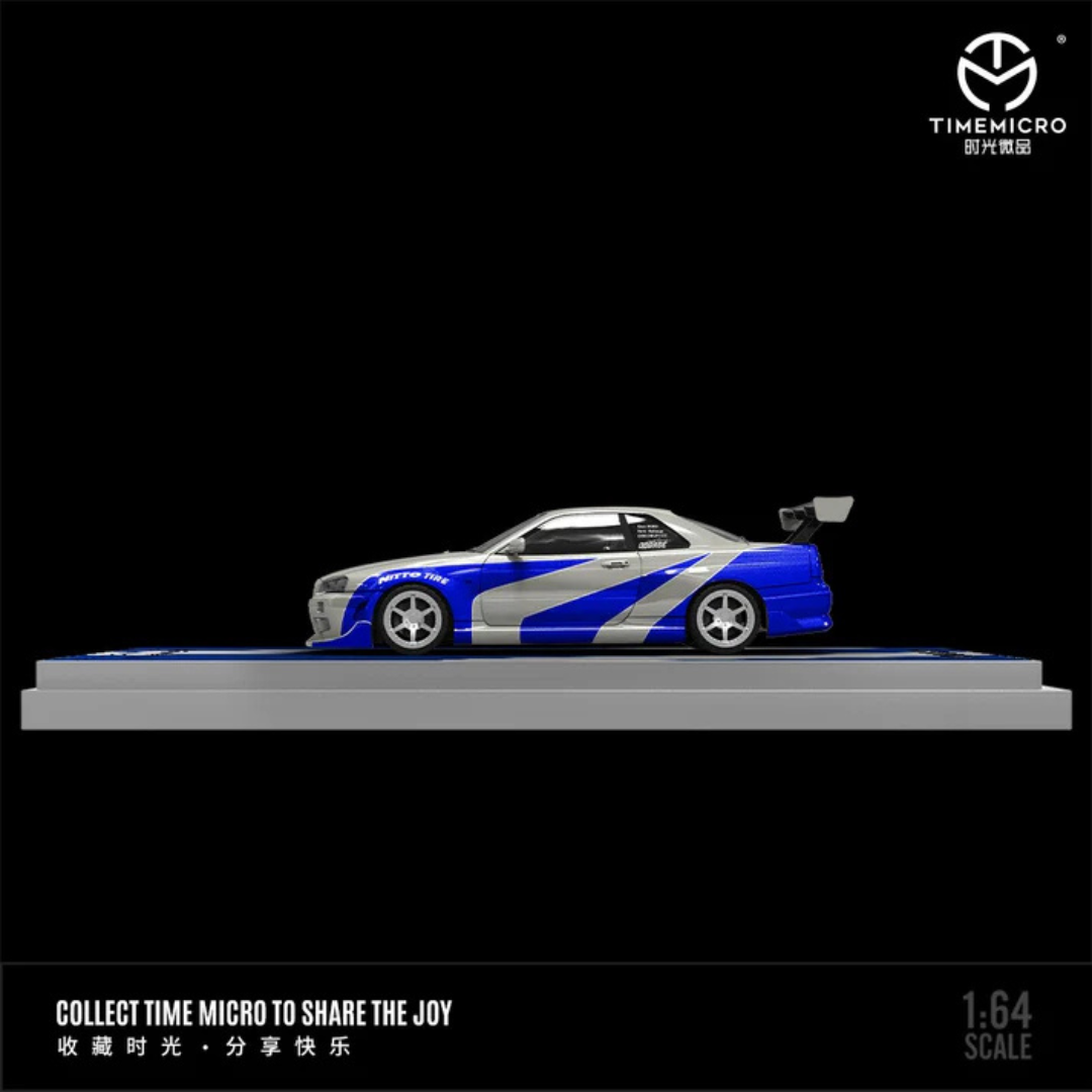 Time Micro Nissan Skyline GT-R R34 Blitz Blue/Silver 1:64 Diecast Widebody Car - TM800501