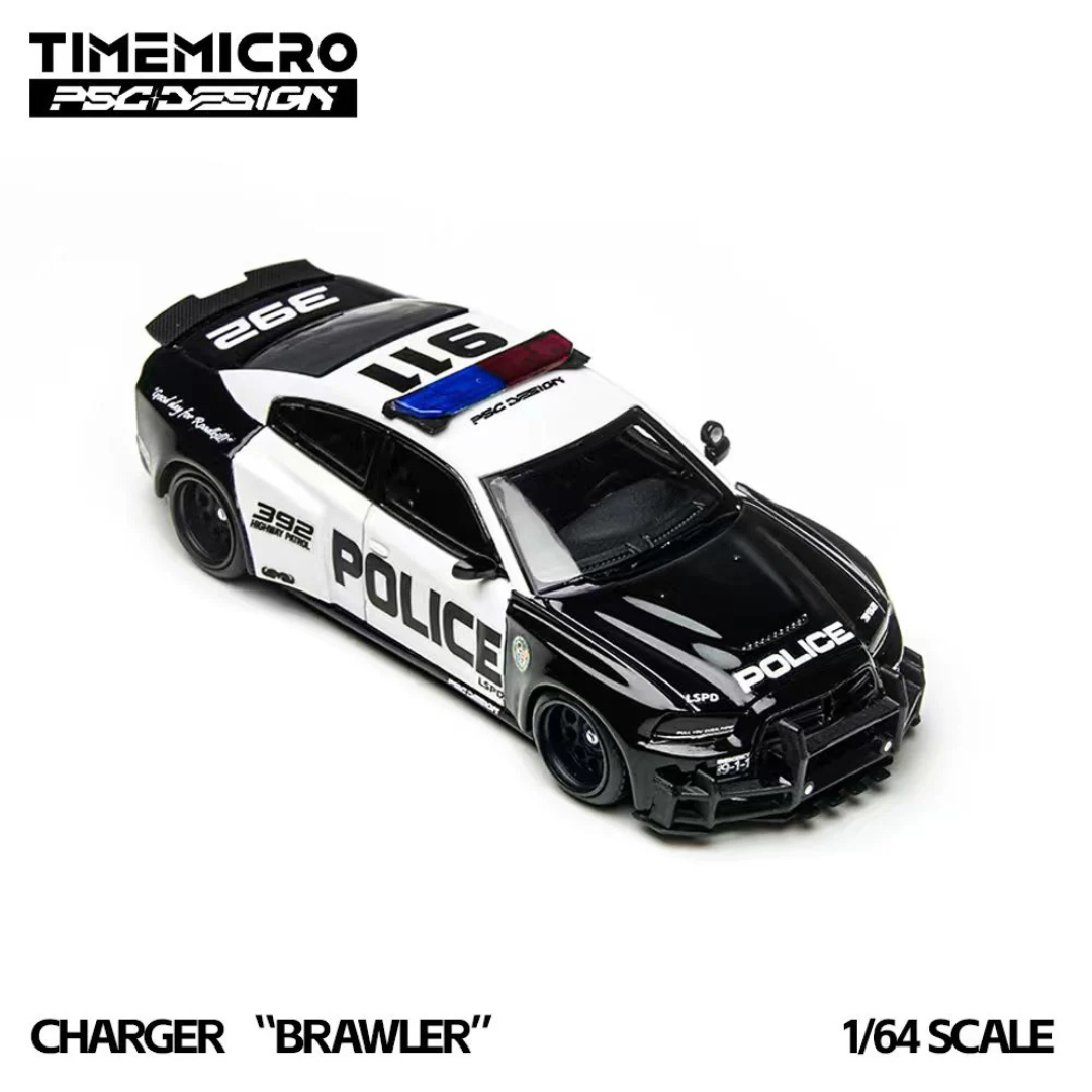 Time Micro x PSG Design Dodge Charger "Brawler" LSPD Police Black/White 1:64 Diecast Widebody Car - TM648201