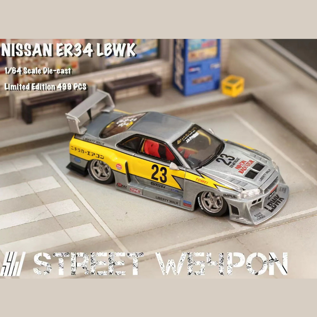 Street Weapon Nissan Skyline ER34 LBWK Super Silhouette #23 Silver/Yellow 1:64 Diecast (Limited to 499 pcs) - SW64-LBWK-ER34-RAW