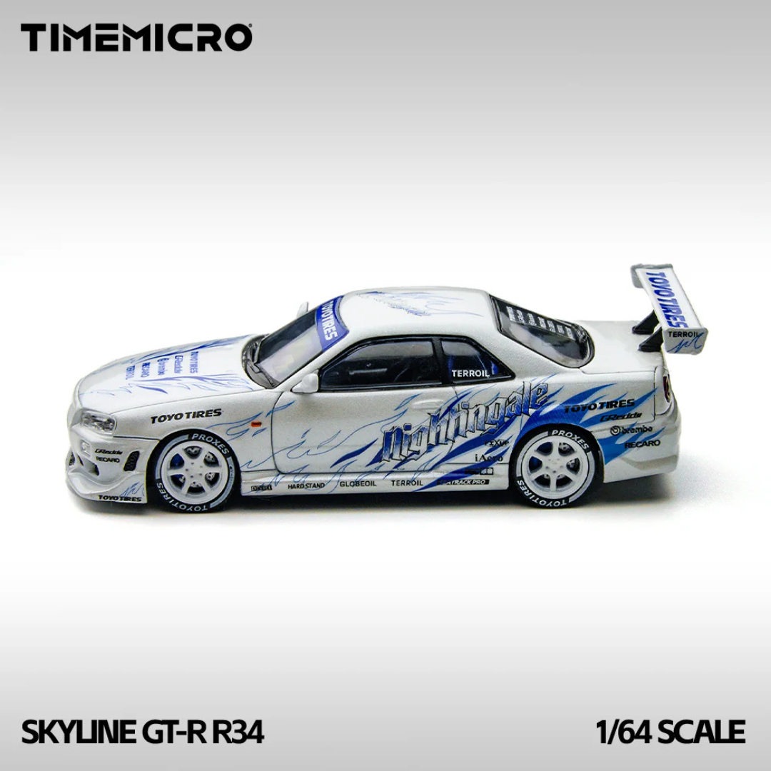 Time Micro Nissan Skyline GT-R R34 Nightingale White/Blue 1:64 Diecast Widebody Car - TM800503
