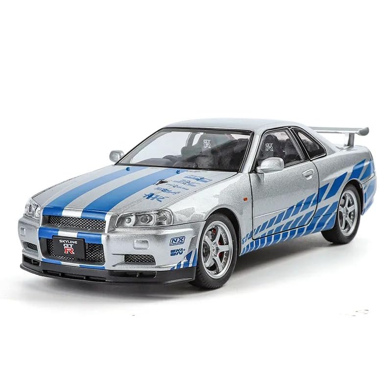 Premium Nissan Skyline GT-R R34 Paul Walker Edition 1:32 Scale Diecast Metal Toy Car with Lights, Sound & Pull-Back Action (Silver-Blue)