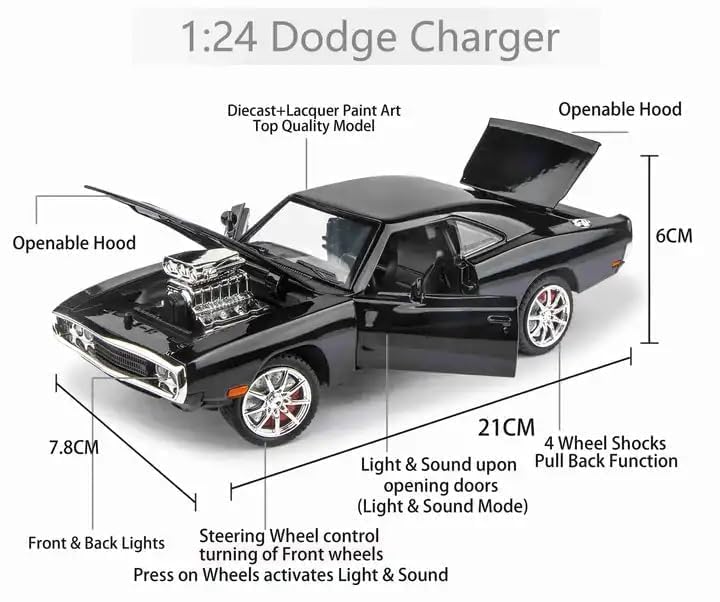 Dodge Charger 1:24 Scale Diecast Metal Toy Car – Classic Black Muscle Car with Engine Detailing