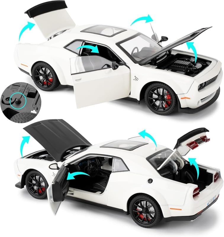 Dodge Challenger SRT 1:24 Scale Diecast Metal Toy Car – White & Black Muscle Car Model with Detailed Interiors
