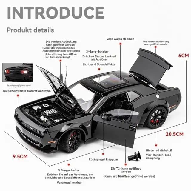 Dodge Challenger SRT Hellcat 1:24 Scale Diecast Metal Toy Car – Black Muscle Car Model with Lights & Detailed Interior