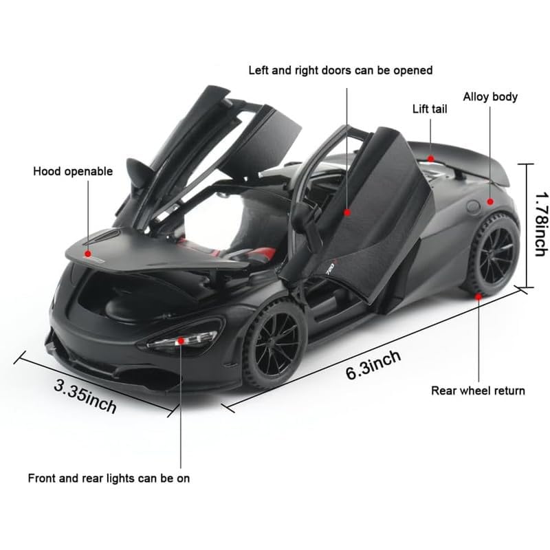 Premium McLaren 720S 1:24 Scale Diecast Metal Toy Car Model with Opening Doors (Black)