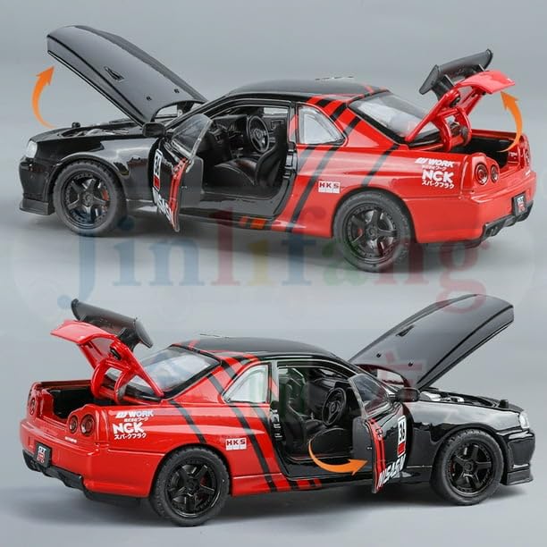 Premium Nissan Skyline GT-R R34 1:32 Scale Diecast Metal Toy Car Model – Opening Doors, Bonnet & Trunk
