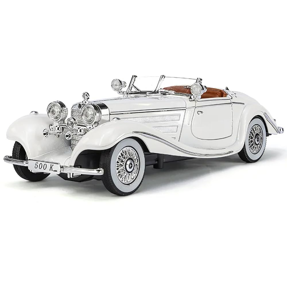 Vintage Mercedes-Benz 500K Classic Roadster 1:24 Scale Diecast Metal Toy Car Model (White)