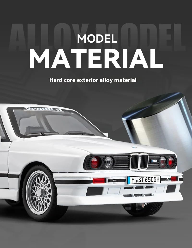 BMW E30 M3 1:24 Scale Diecast Metal Toy Car Model – Premium Collectible with Opening Doors, Bonnet & Trunk (White)