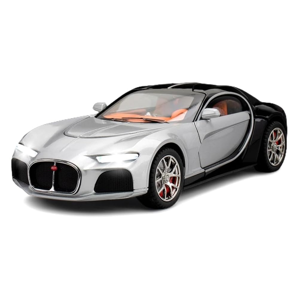 Bugatti Chiron 1:24 Scale Diecast Metal Toy Car – Premium Silver & Black Supercar Model with Detailed Interiors