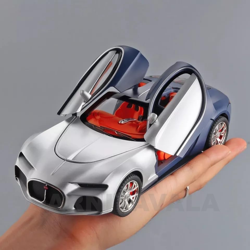 Bugatti Chiron 1:24 Scale Diecast Metal Toy Car – Silver & Blue Luxury Supercar Model with Opening Doors & Luggage Set