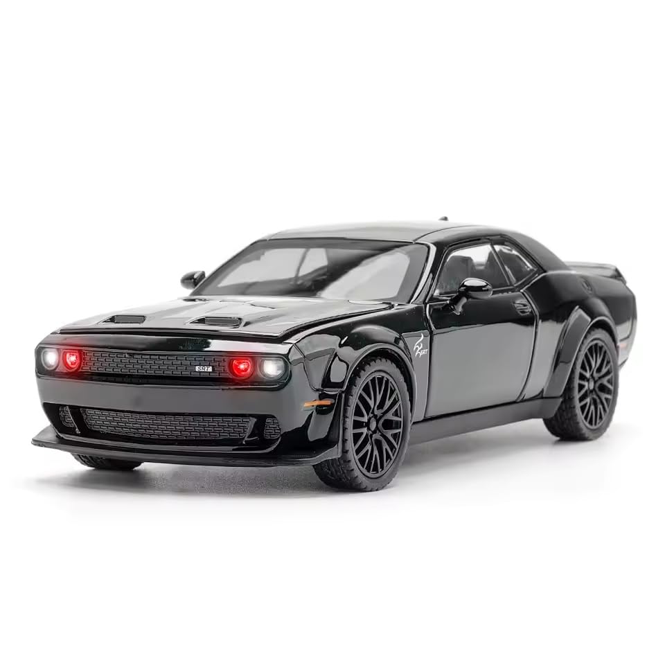 Dodge Challenger SRT Hellcat 1:24 Scale Diecast Metal Toy Car – Black Muscle Car Model with Lights & Detailed Interior