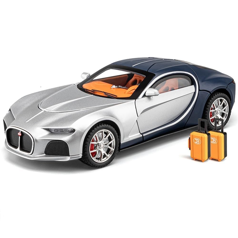 Bugatti Chiron 1:24 Scale Diecast Metal Toy Car – Silver & Blue Luxury Supercar Model with Opening Doors & Luggage Set