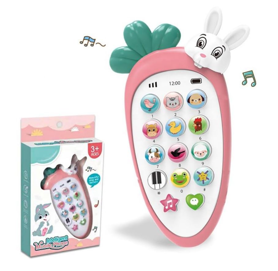 Baby Musical Toy Phone – Rabbit Carrot Shape Learning Mobile with Lights & Sounds for Kids (Pink)