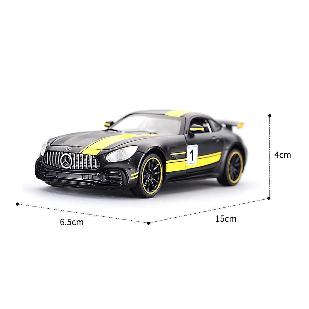 Mercedes AMG GT 1:24 Scale Diecast Metal Toy Car – Black & Yellow Racing Edition with Opening Doors, Bonnet & Trunk