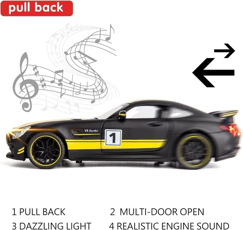 Mercedes AMG GT 1:24 Scale Diecast Metal Toy Car – Black & Yellow Racing Edition with Opening Doors, Bonnet & Trunk