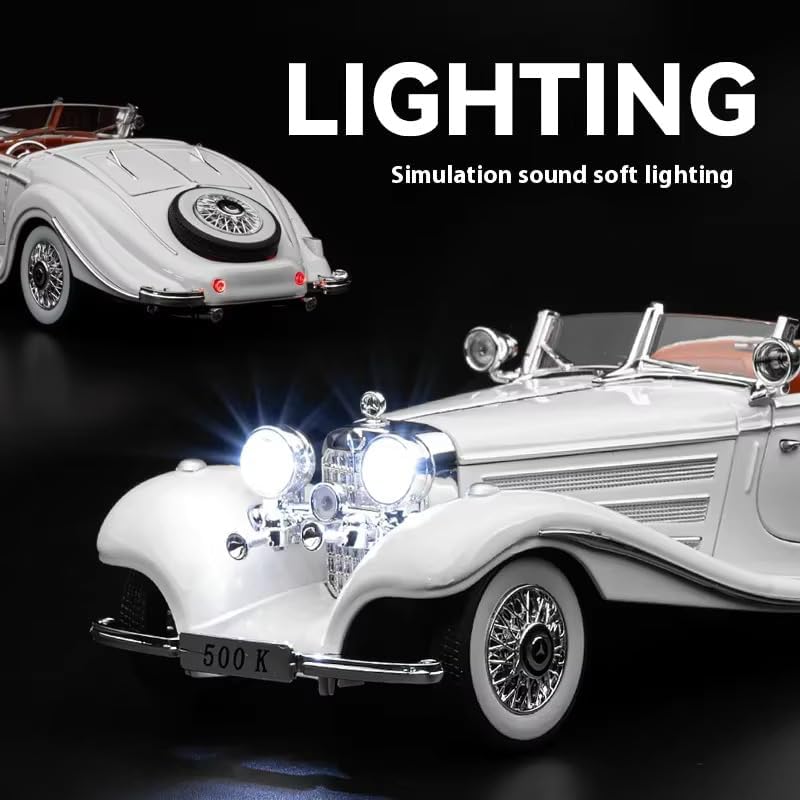 Vintage Mercedes-Benz 500K Classic Roadster 1:24 Scale Diecast Metal Toy Car Model (White)