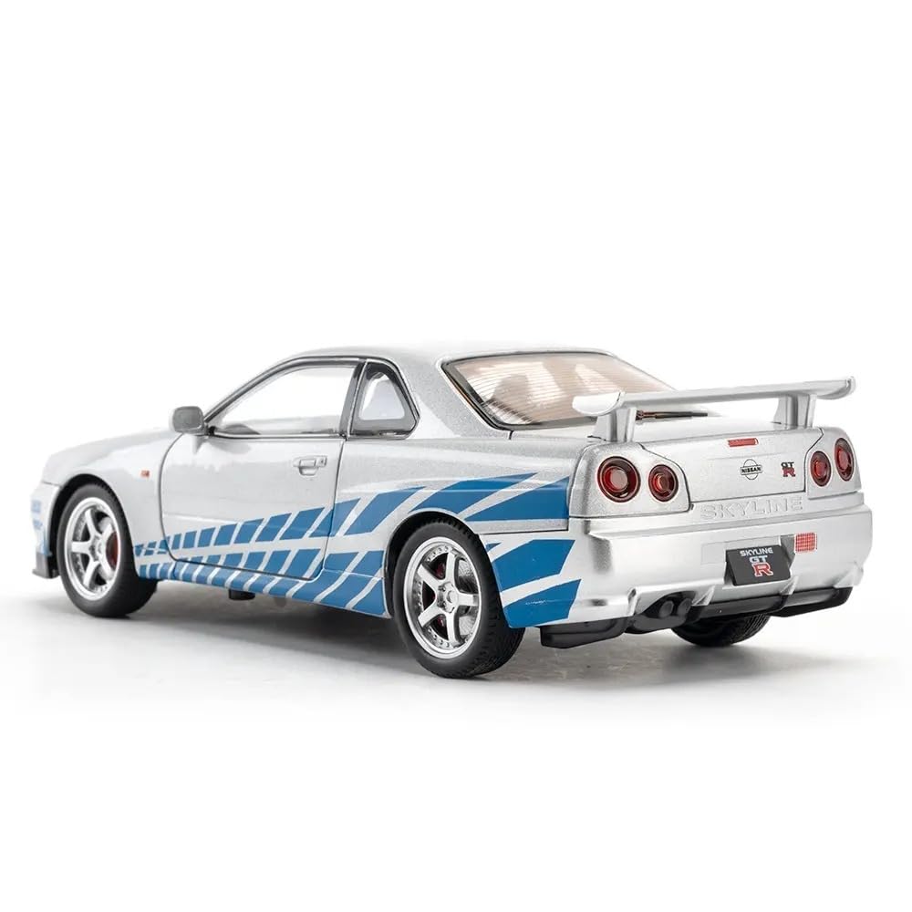 Premium Nissan Skyline GT-R R34 Paul Walker Edition 1:32 Scale Diecast Metal Toy Car with Lights, Sound & Pull-Back Action (Silver-Blue)