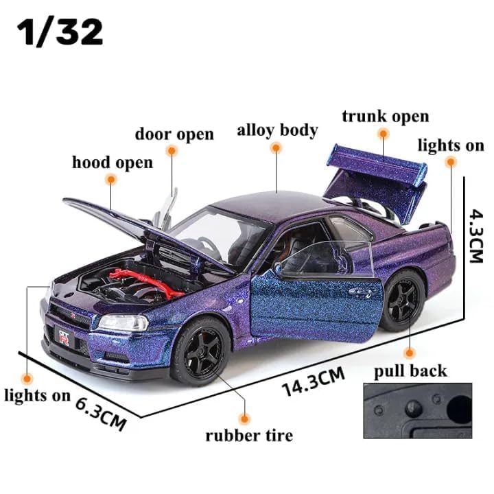 Nissan Skyline GT-R R34 1:32 Scale Diecast Metal Toy Car – Pullback, Lights & Sound, Opening Doors/Bonnet/Trunk