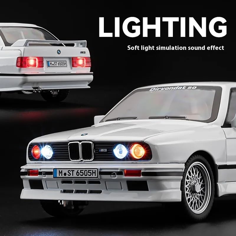 BMW E30 M3 1:24 Scale Diecast Metal Toy Car Model – Premium Collectible with Opening Doors, Bonnet & Trunk (White)