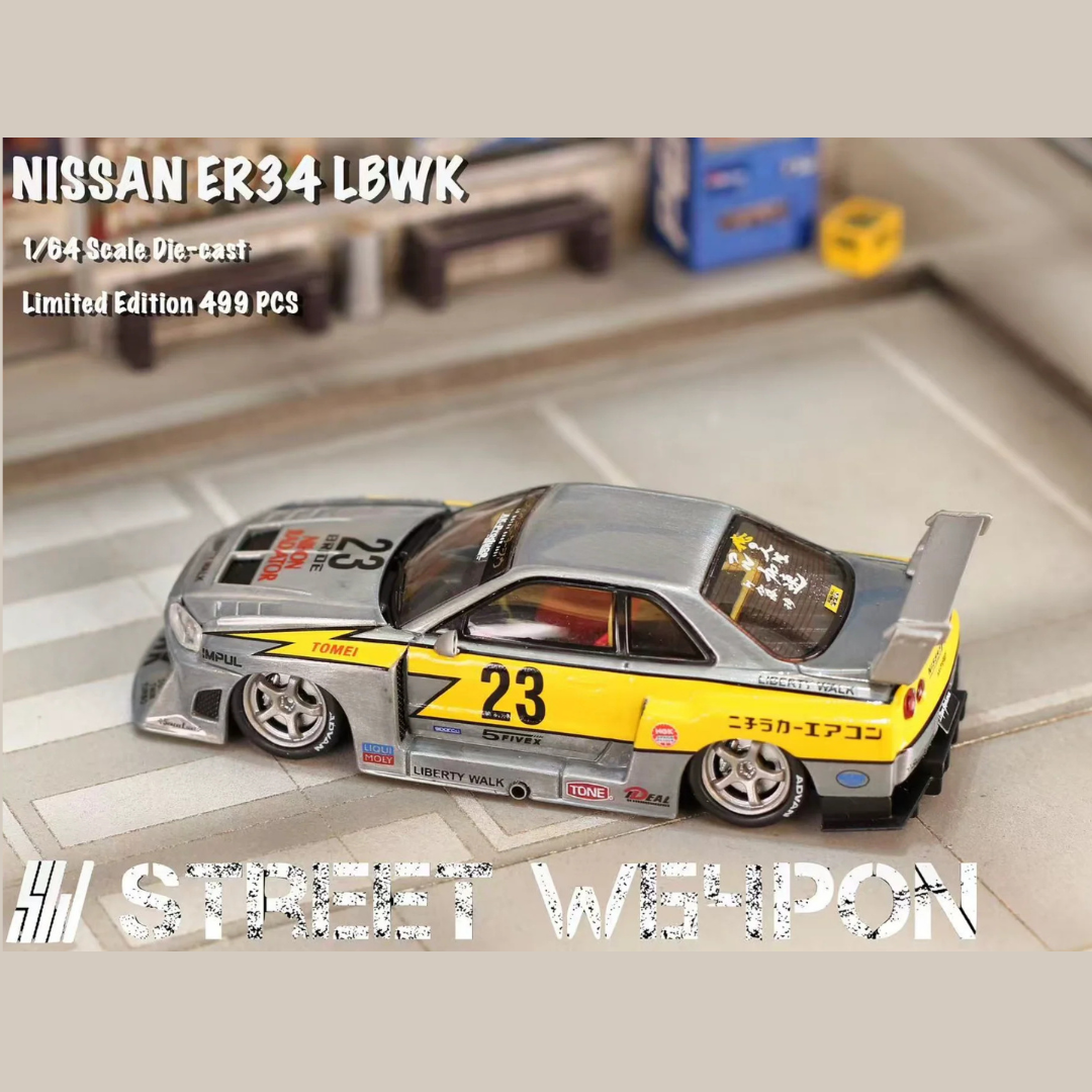 Street Weapon Nissan Skyline ER34 LBWK Super Silhouette #23 Silver/Yellow 1:64 Diecast (Limited to 499 pcs) - SW64-LBWK-ER34-RAW