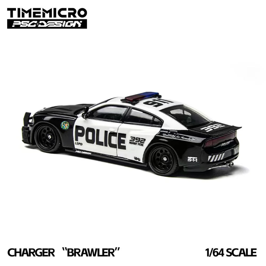 Time Micro x PSG Design Dodge Charger "Brawler" LSPD Police Black/White 1:64 Diecast Widebody Car - TM648201