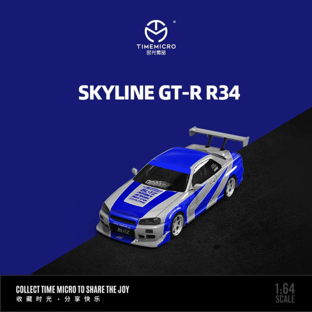 Time Micro Nissan Skyline GT-R R34 Blitz Blue/Silver 1:64 Diecast Widebody Car - TM800501