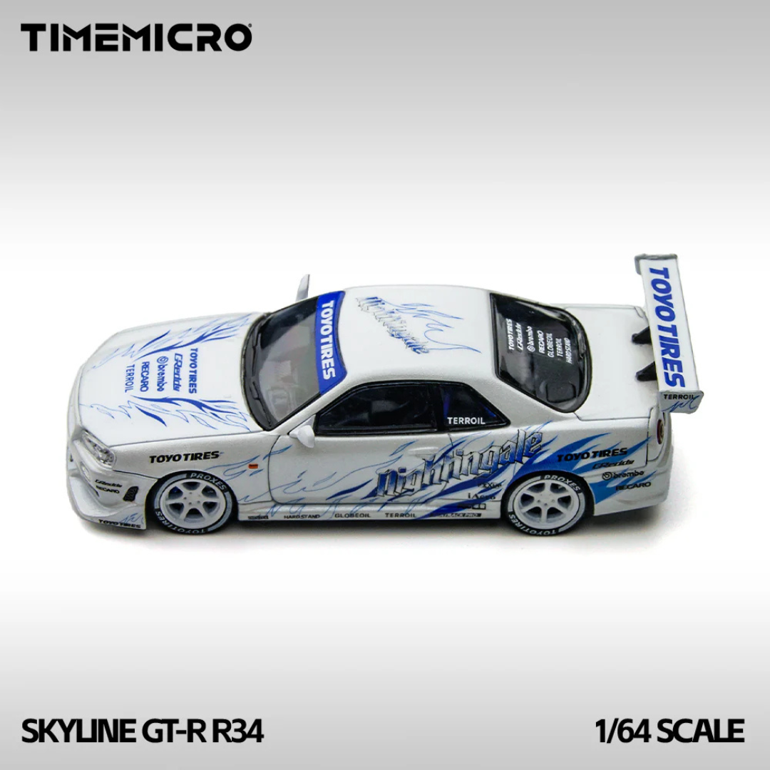 Time Micro Nissan Skyline GT-R R34 Nightingale White/Blue 1:64 Diecast Widebody Car - TM800503
