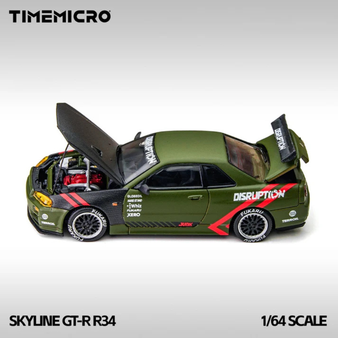 Time Micro Nissan Skyline GT-R R34 Disruption Matte Green 1:64 Diecast Widebody Car - TM646317