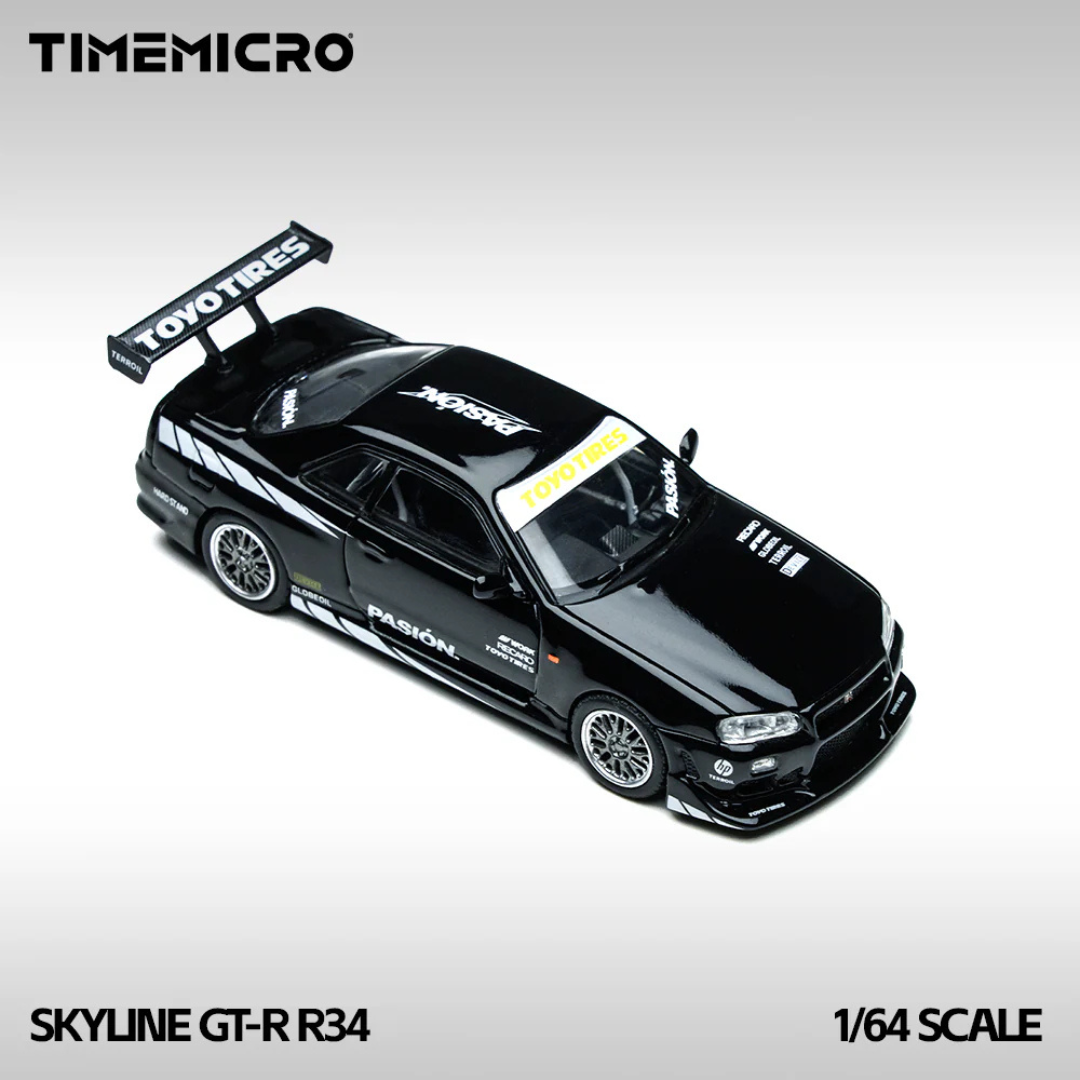 Time Micro Nissan Skyline GT-R R34 Pasion Black 1:64 Diecast Widebody Car - TM800504