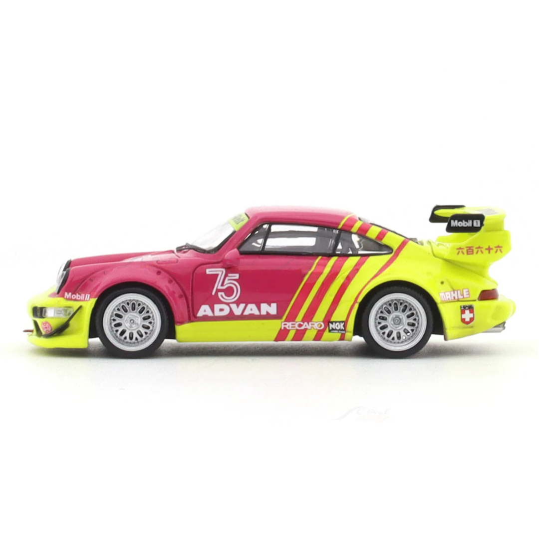 Mini Station Porsche 964 RWB "Advan" Pink/Yellow #75 (With Figure) 1:64 Diecast Widebody Car - MS640863-1