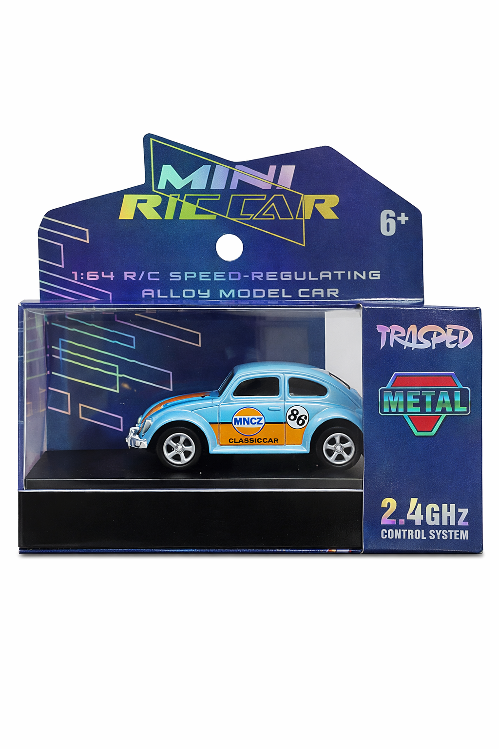 Trasped Classic Beetle Mini RC Car 1:64 Scale – 2.4GHz Remote Control Metal Toy Car (Sky Blue)
