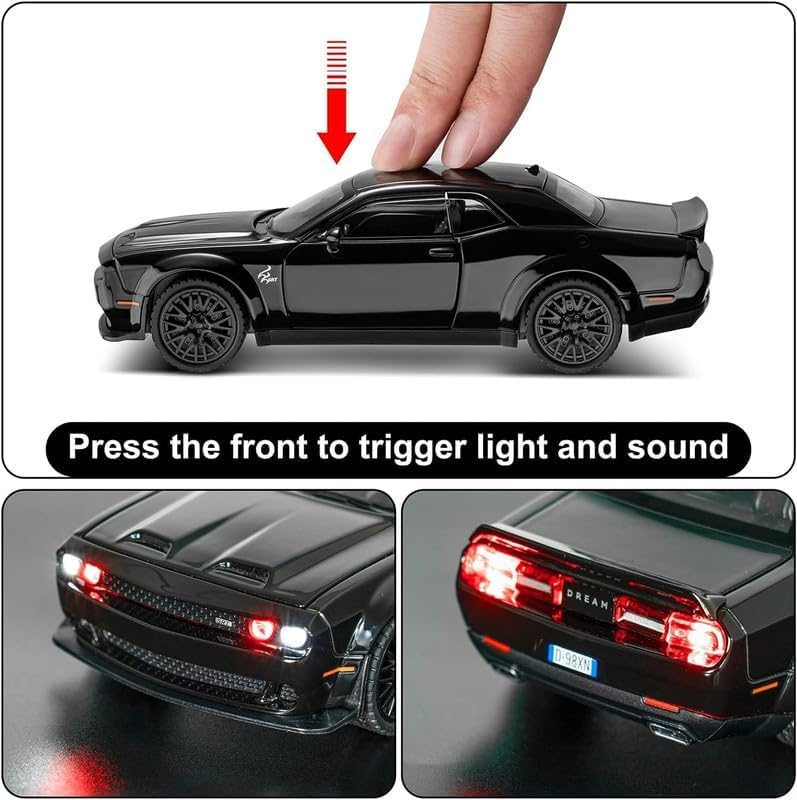Dodge Challenger SRT Hellcat 1:24 Scale Diecast Metal Toy Car – Black Muscle Car Model with Lights & Detailed Interior