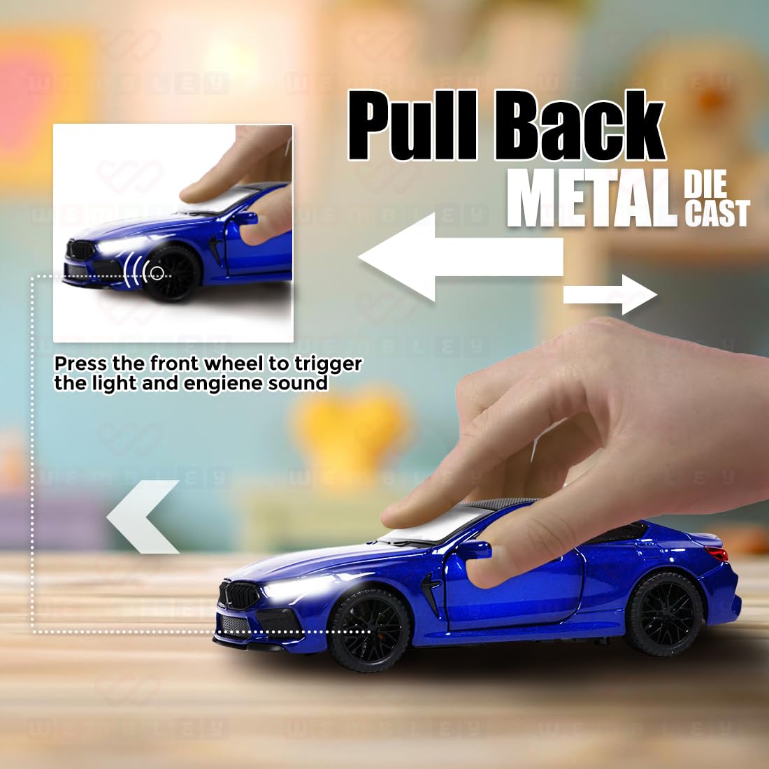 Premium BMW M8 Coupe 1:36 Scale Diecast Metal Toy Car with Lights, Sound & Pull-Back Action