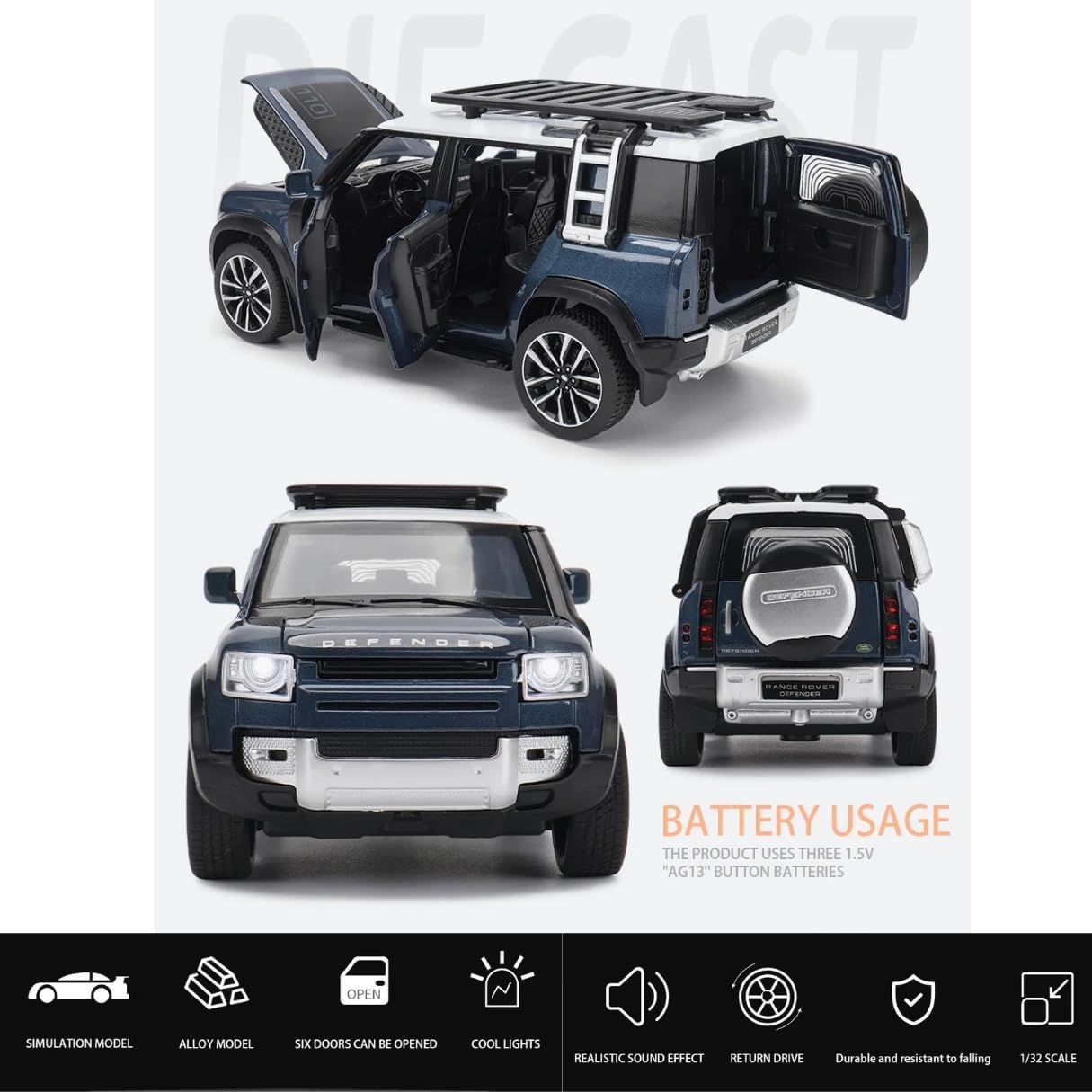 Land Rover Defender 1:32 Scale Premium Metal Diecast SUV Toy Car Model with Opening Doors, Lights & Sound