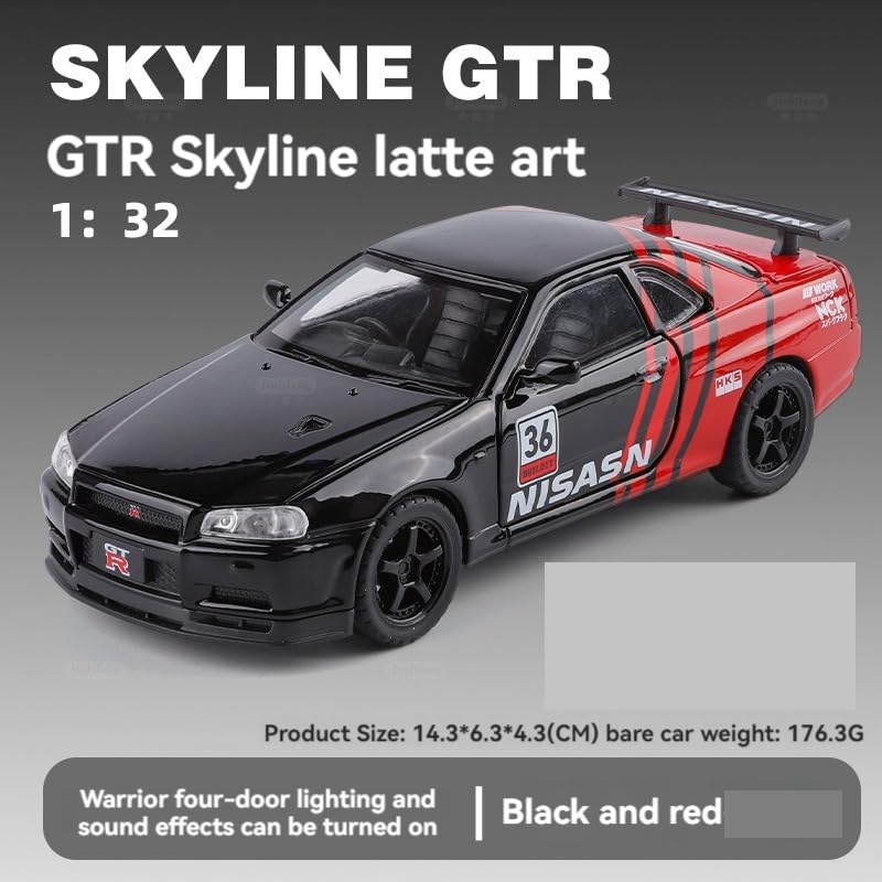 Premium Nissan Skyline GT-R R34 1:32 Scale Diecast Metal Toy Car Model – Opening Doors, Bonnet & Trunk