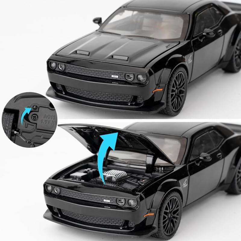 Dodge Challenger SRT Hellcat 1:24 Scale Diecast Metal Toy Car – Black Muscle Car Model with Lights & Detailed Interior