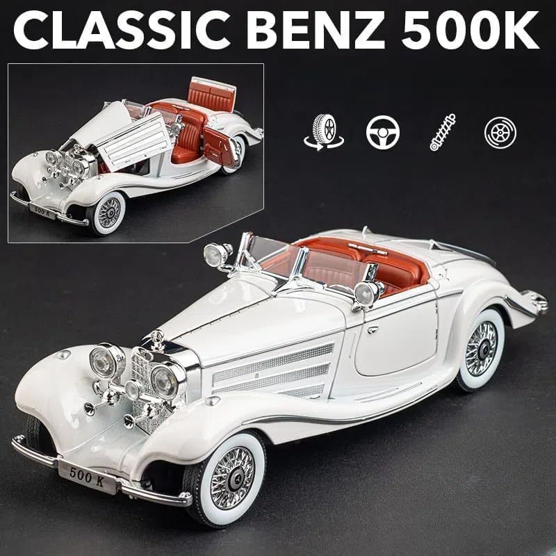 Vintage Mercedes-Benz 500K Classic Roadster 1:24 Scale Diecast Metal Toy Car Model (White)