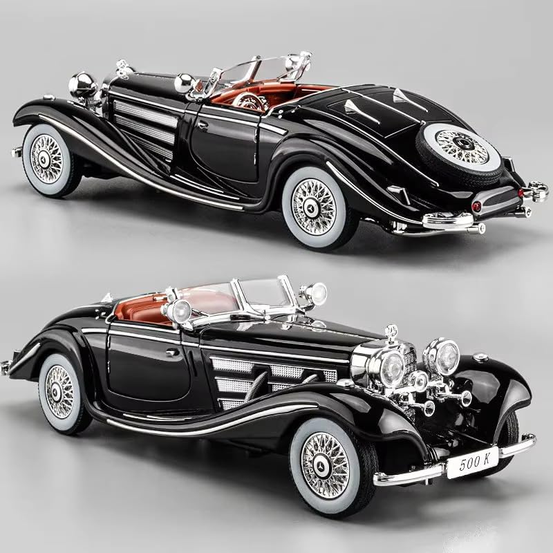 Vintage Mercedes-Benz 500K Classic Roadster 1:24 Scale Diecast Metal Toy Car Model (Black)