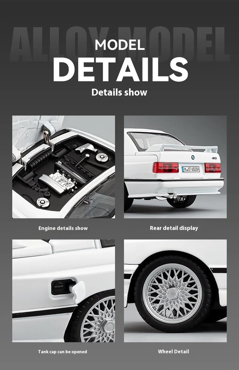 BMW E30 M3 1:24 Scale Diecast Metal Toy Car Model – Premium Collectible with Opening Doors, Bonnet & Trunk (White)