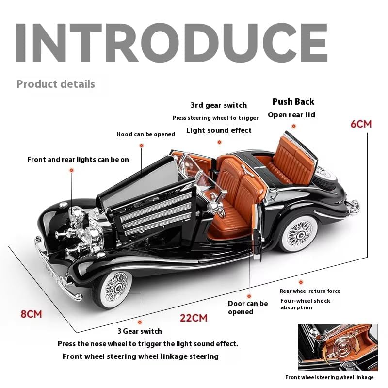 Vintage Mercedes-Benz 500K Classic Roadster 1:24 Scale Diecast Metal Toy Car Model (Black)