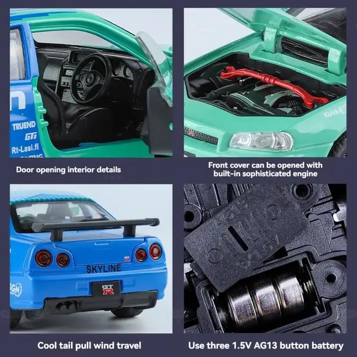 Premium Nissan Skyline GT-R R34 1:32 Scale Diecast Metal Toy Car – Falken Livery, Openable Doors, Lights & Sound