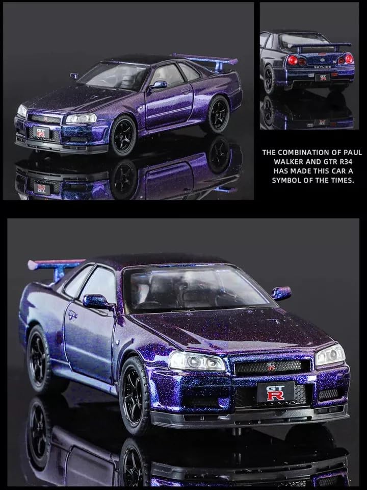 Nissan Skyline GT-R R34 1:32 Scale Diecast Metal Toy Car – Pullback, Lights & Sound, Opening Doors/Bonnet/Trunk