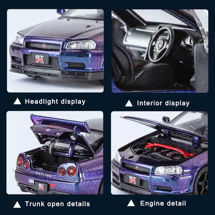 Nissan Skyline GT-R R34 1:32 Scale Diecast Metal Toy Car – Pullback, Lights & Sound, Opening Doors/Bonnet/Trunk