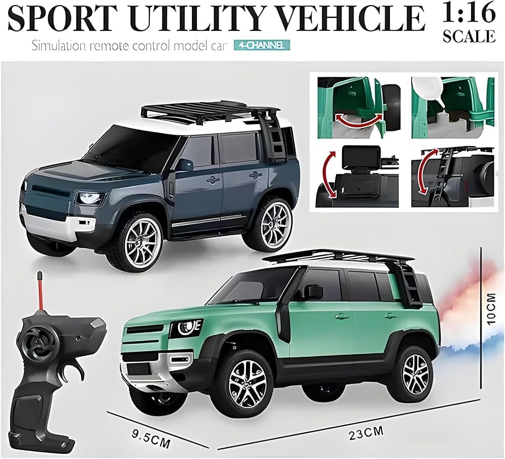 Land Rover Defender 1:16 RC SUV Car – Remote Control Car with Light Spray, Opening Trunk, USB Charging, 4-Channel R/C Model (Blue)