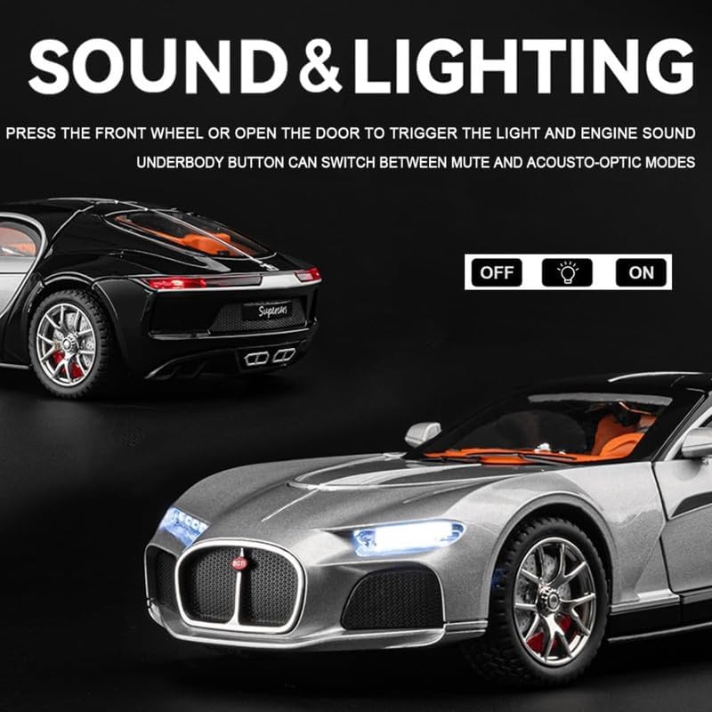 Bugatti Chiron 1:24 Scale Diecast Metal Toy Car – Premium Silver & Black Supercar Model with Detailed Interiors