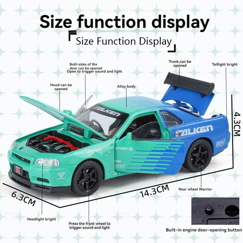 Premium Nissan Skyline GT-R R34 1:32 Scale Diecast Metal Toy Car – Falken Livery, Openable Doors, Lights & Sound
