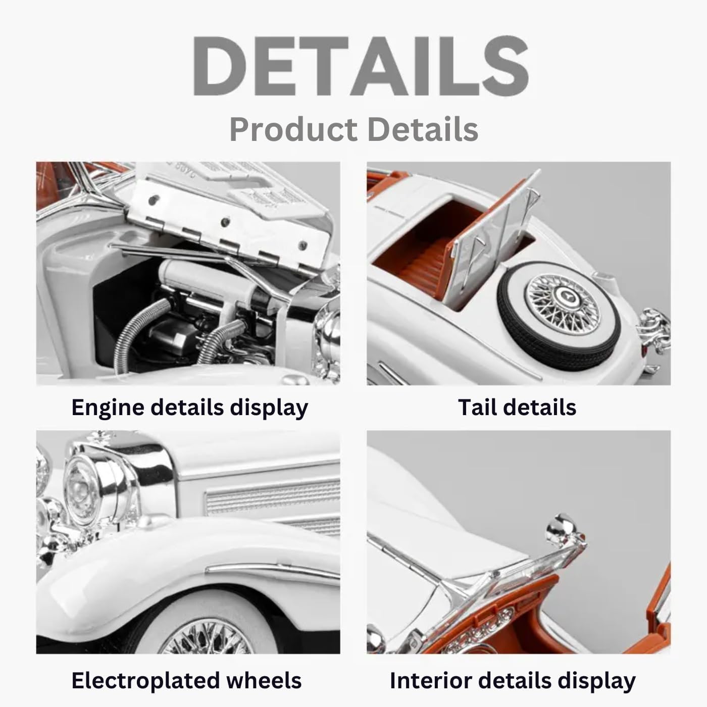 Vintage Mercedes-Benz 500K Classic Roadster 1:24 Scale Diecast Metal Toy Car Model (White)